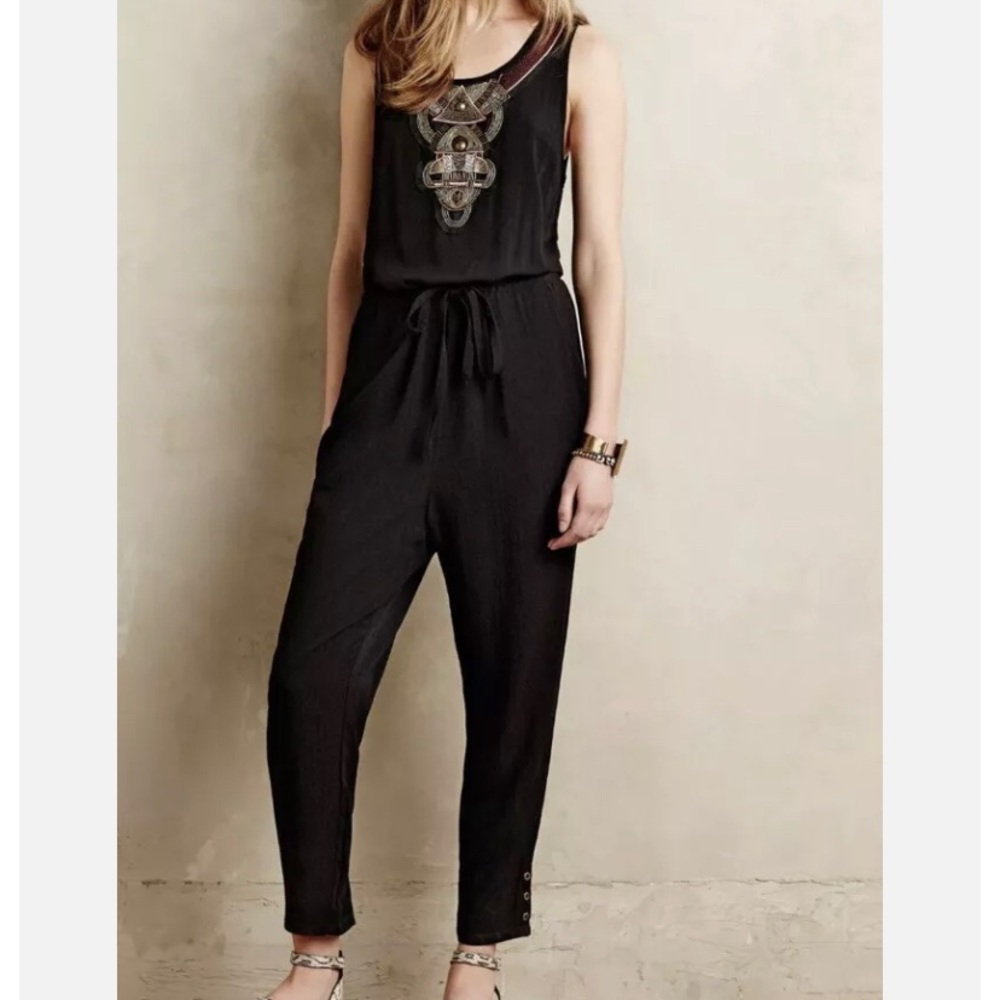 Lilka Anthropologie Black Embroidered Beaded Allete Jumpsuit Drawstring